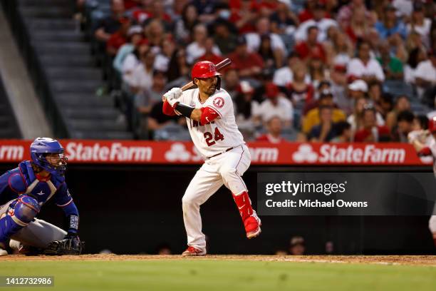 Kurt Suzuki of the Los Angeles Angels at bat against the Texas Rangers during the fifth inning at Angel Stadium of Anaheim on July 29, 2022 in...