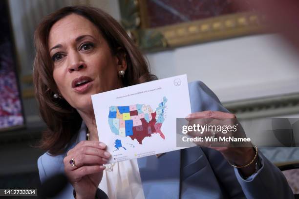 Holding a map of the U.S. Showing the status of state abortion policies, U.S. Vice President Kamala Harris delivers remarks at a meeting of the Task...