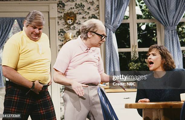 Episode 3 -- Pictured: Chris Farley as Drinkin' Buddy, Mike Myers as Middle-Aged Man, Jan Hooks as suspectful wife during the 'Middle-Aged Man' skit...