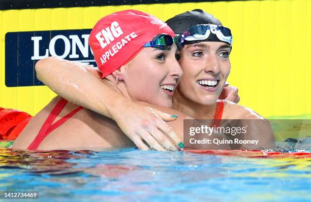 Jessica-Jane Applegate of Team England and Bethany Firth of Team Northern Ireland celebrate winning silver and gold in the Women's 200m Freestyle S14...