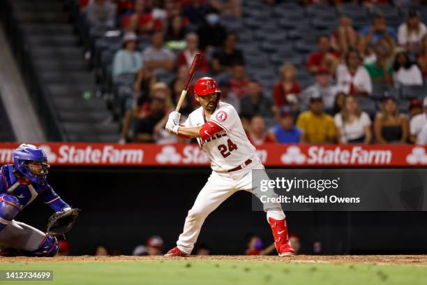 Kurt Suzuki of the Los Angeles Angels at bat against the Texas Rangers during the ninth inning at Angel Stadium of Anaheim on July 29, 2022 in...