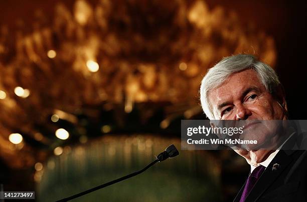 Republican presidential candidate and former Speaker of the House Newt Gingrich speaks to an election night party March 13, 2012 in Birmingham,...