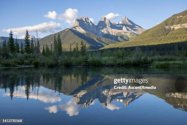 scenic view of mountains reflected in pond - canmore alberta stock pictures, royalty-free photos & images