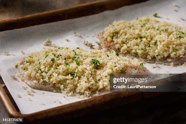 preparing parmesan crusted tilapia - halibut fillet raw stock pictures, royalty-free photos & images