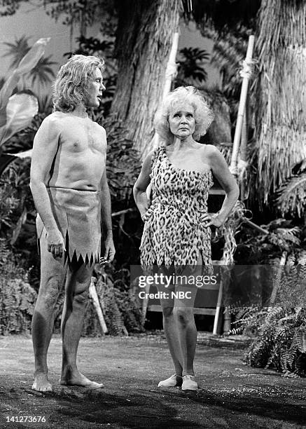 Pictured: Host Johnny Carson as Tarzan and actress Betty White as Jane during the 'Tarzan and the Apes" skit on August 14, 1981 -- Photo by: NBCU...