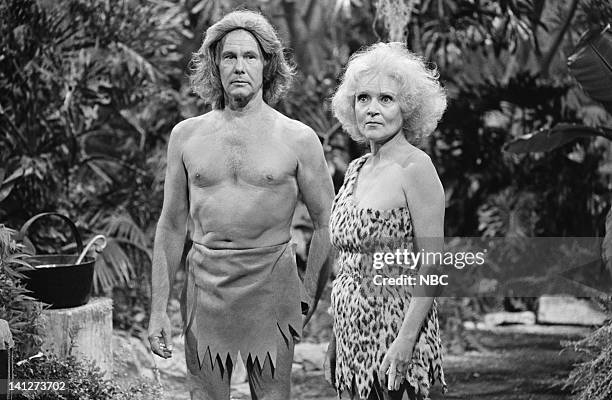 Pictured: Host Johnny Carson as Tarzan and actress Betty White as Jane during the 'Tarzan and the Apes" skit on August 14, 1981 -- Photo by: NBCU...