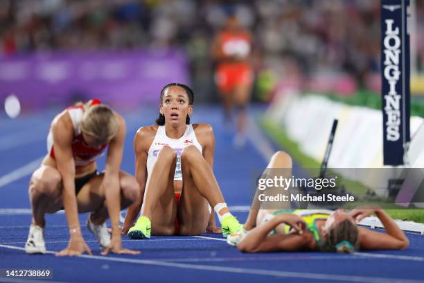 Gold medal winner Katarina Johnson-Thompson of Team England reacts after winning the Women's Heptathlon on day six of the Birmingham 2022...