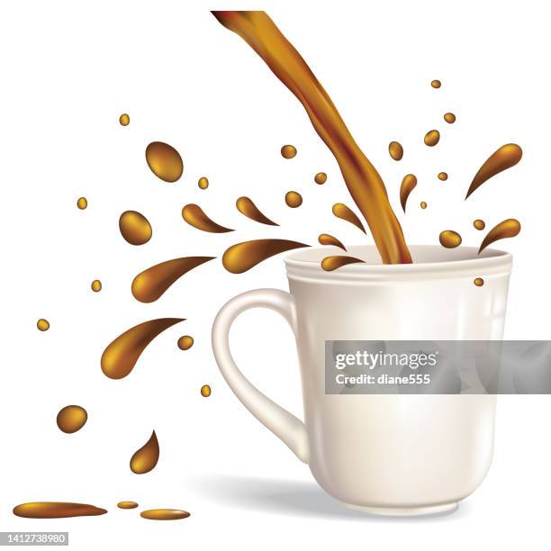 realistischer farbkaffeetassenspritzer auf transparentem hintergrund - eingießen stock-grafiken, -clipart, -cartoons und -symbole