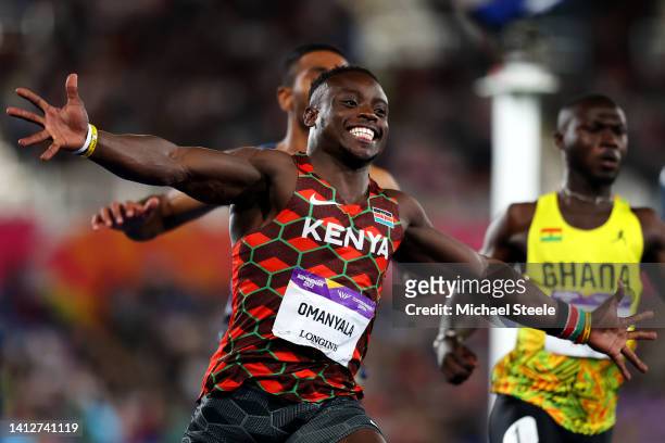 Ferdinand Omanyala of Team Kenya celebrates after winning the Gold medal in the Men's 100m Final on day six of the Birmingham 2022 Commonwealth Games...