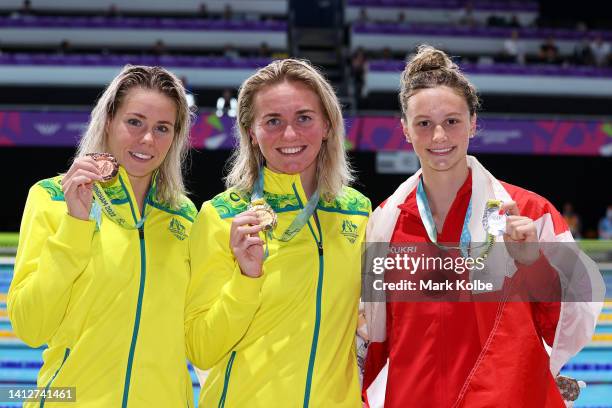 Bronze medalist, Kiah Melverton of Team Australia, Gold medalist, Ariarne Titmus of Team Australia and Silver medalist, Summer McIntosh of Team...
