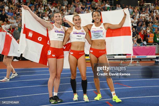 Bronze Medallist Jade O'Dowda, Holly Mills and Gold Medallist Katarina Johnson-Thompson all of Team England pose for a photo following the Women's...