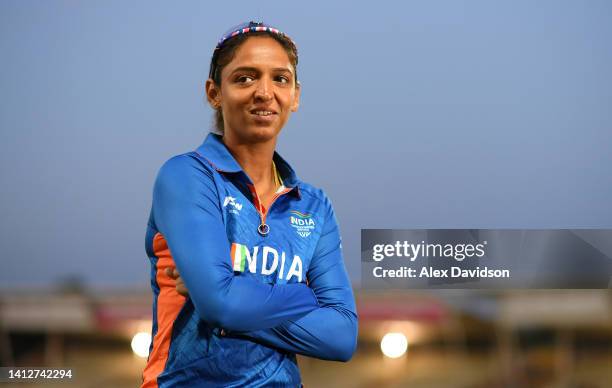 Harmanpreet Kaur of Team India looks on following the Cricket T20 Group A match between Team India and Team Barbados on day six of the Birmingham...