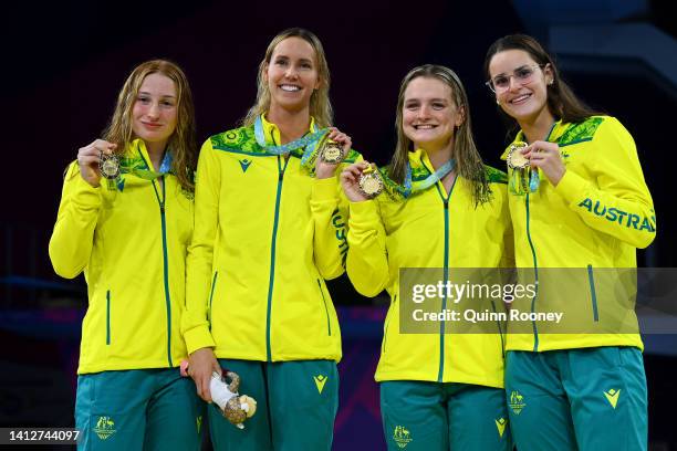 Gold medalists, Kaylee McKeown, Chelsea Hodges, Emma McKeon and Mollie O'Callaghan of Team Australia pose with their medals during the medal ceremony...