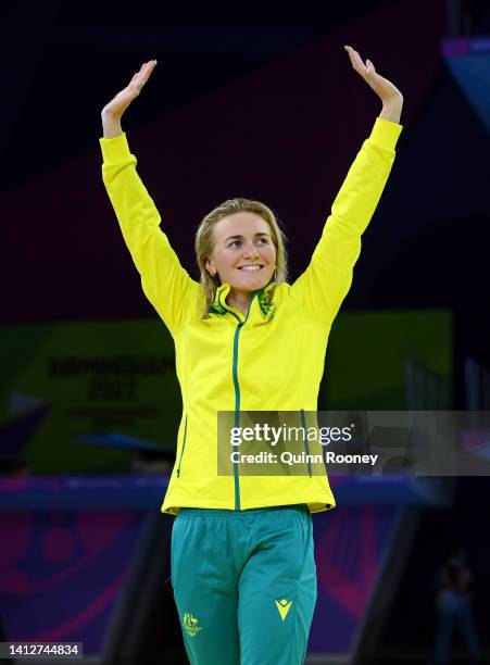 Gold medalist, Ariarne Titmus of Team Australia reacts during the medal ceremony for the 400m Freestyle Final on day six of the Birmingham 2022...