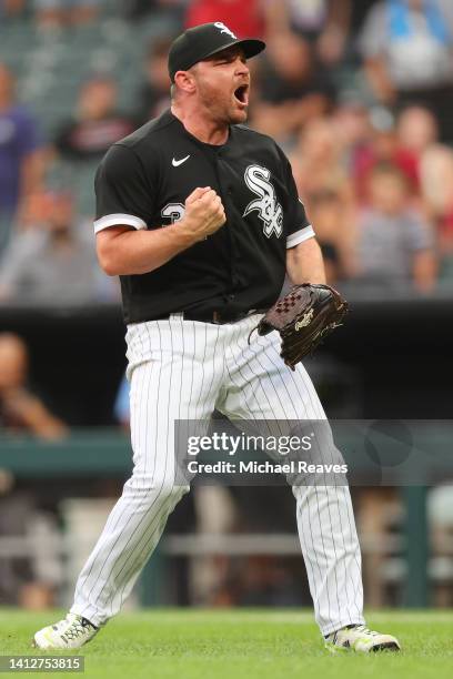 Liam Hendriks of the Chicago White Sox celebrates the final out to defeat the Kansas City Royals 4-1 at Guaranteed Rate Field on August 03, 2022 in...