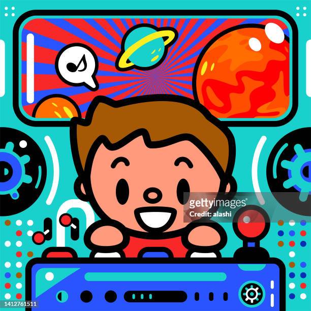 a cute boy is piloting an unlimited power spaceship or ufo arriving on mars - mars curiosity stock illustrations