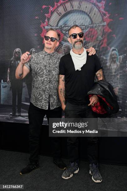 Randy Ebright and Tito Fuentes of Molotov pose for a photo during the press conference to announce a concert of Guns N' Roses in Mexico at Hotel W on...