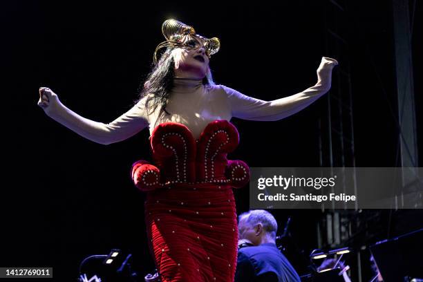 Bjork performs onstage on August 03, 2022 in Bergen, Norway.