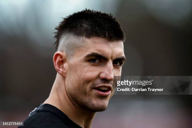 Brayden Maynard of the Magpies is seen during a Collingwood Magpies AFL training session at Olympic Park Oval on August 04, 2022 in Melbourne,...