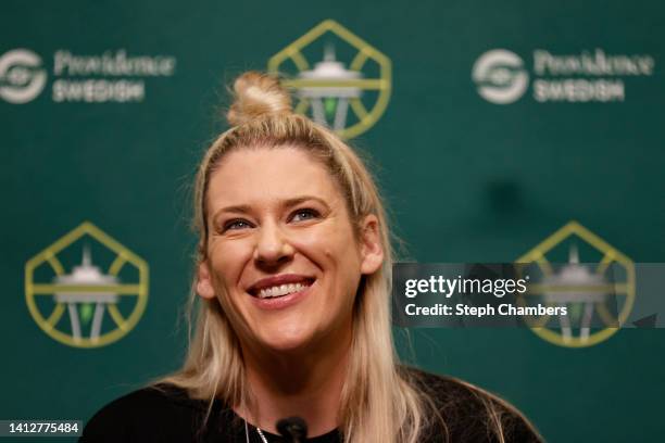 Lauren Jackson speaks with media before the game between the Seattle Storm and the Minnesota Lynx at Climate Pledge Arena on August 03, 2022 in...