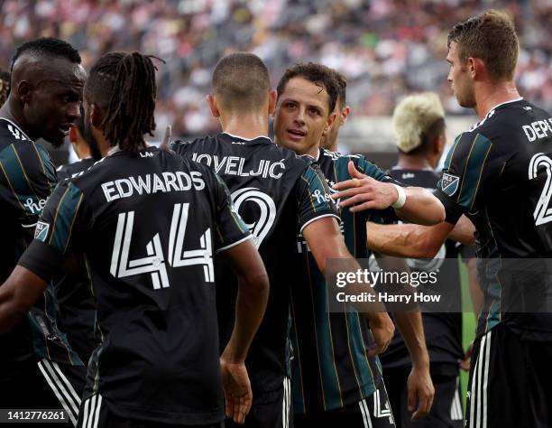 Javier Hernandez of Los Angeles Galaxy celebrates the goal of Dejan Joveljic against the Guadalajara Chivas, to take a 1-0 lead, during the first...
