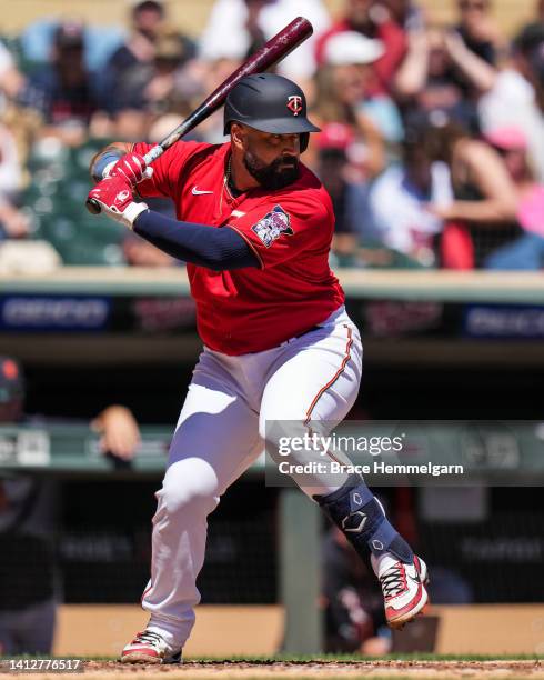 Sandy Leon of the Minnesota Twins bats against the Detroit Tigers on August 3, 2022 at Target Field in Minneapolis, Minnesota.