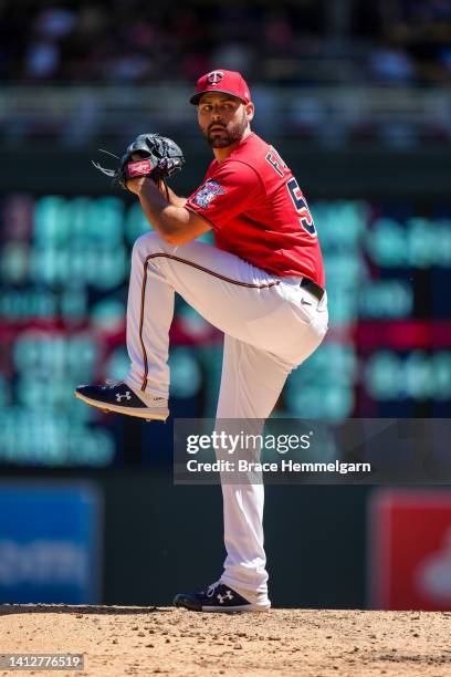 Michael Fulmer of the Minnesota Twins pitches against the Detroit Tigers on August 3, 2022 at Target Field in Minneapolis, Minnesota.