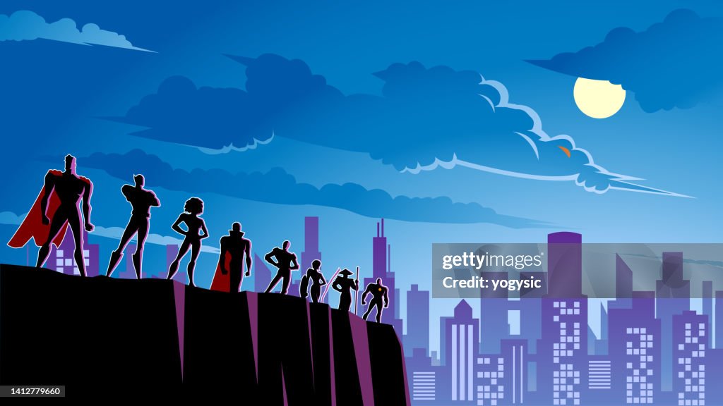 Vector Superhero Team Silhouette with City Skyline Background Stock Illustration