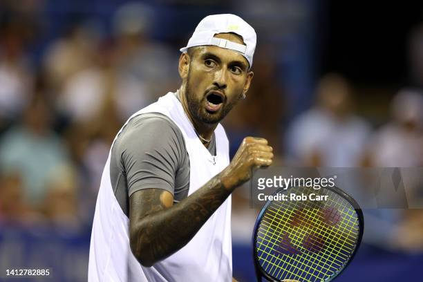 Nick Kyrgios of Australia reacts to a shot against Tommy Paul of the United States during Day 5 of the Citi Open at Rock Creek Tennis Center on...