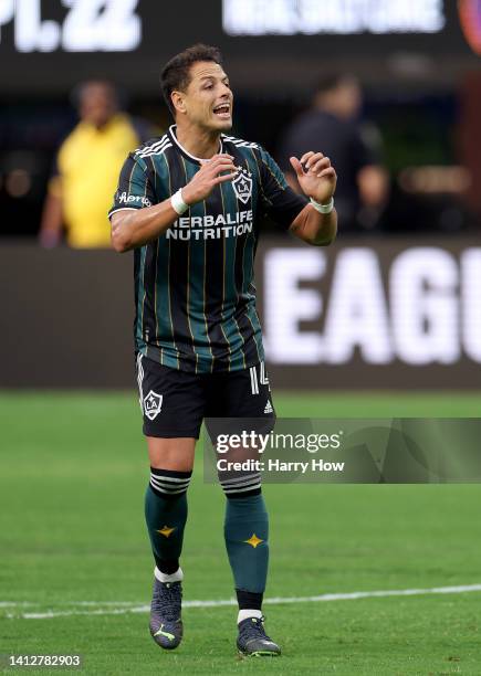 Javier Hernandez of Los Angeles Galaxy reacts to his missed shot against the Guadalajara Chivas during the first half of the Leagues Cup Showcase...