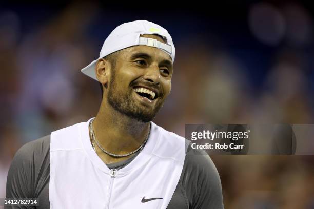 Nick Kyrgios of Australia reacts to a shot against Tommy Paul of the United States during Day 5 of the Citi Open at Rock Creek Tennis Center on...