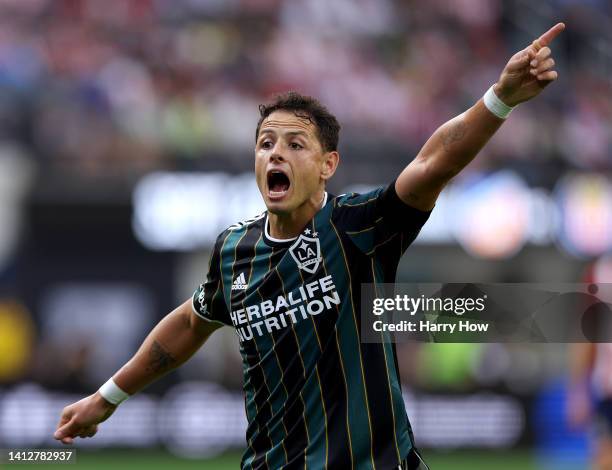 Javier Hernandez of Los Angeles Galaxy reacts for possession against the Guadalajara Chivas during the first half of the Leagues Cup Showcase 2022 at...