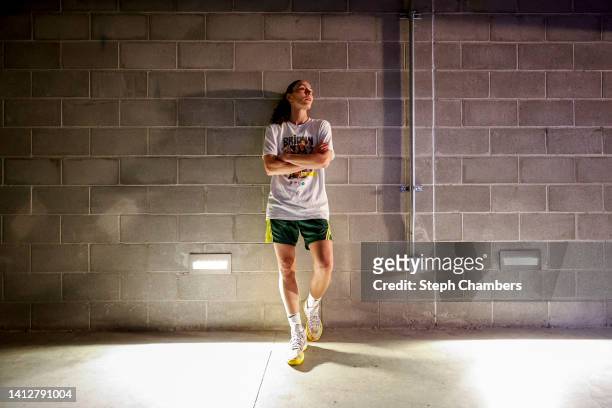 Sue Bird of the Seattle Storm looks on from the locker room tunnel before the game against the Minnesota Lynx at Climate Pledge Arena on August 03,...