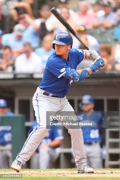Nick Pratto of the Kansas City Royals at bat against the Chicago White Sox at Guaranteed Rate Field on August 03, 2022 in Chicago, Illinois.
