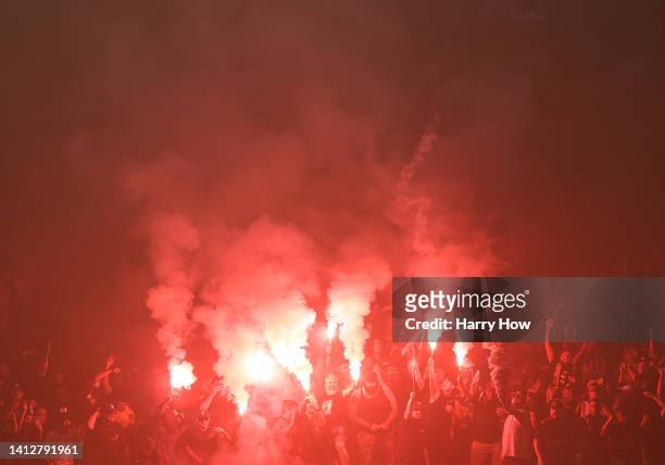 Los Angeles FC fans celebrate the start of the game against Club America during the Leagues Cup Showcase 2022 at SoFi Stadium on August 03, 2022 in...
