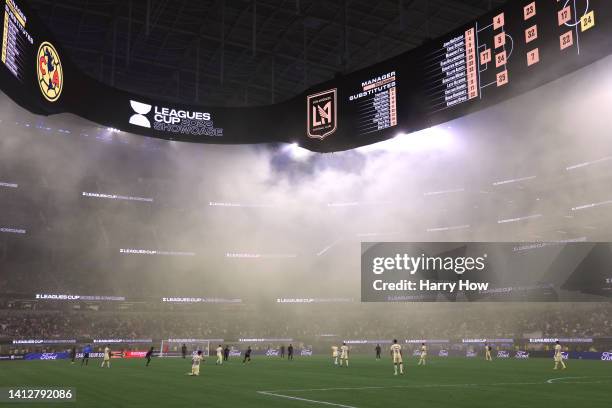 Club America pass to start the game against Los Angeles FC during the Leagues Cup Showcase 2022 at SoFi Stadium on August 03, 2022 in Inglewood,...