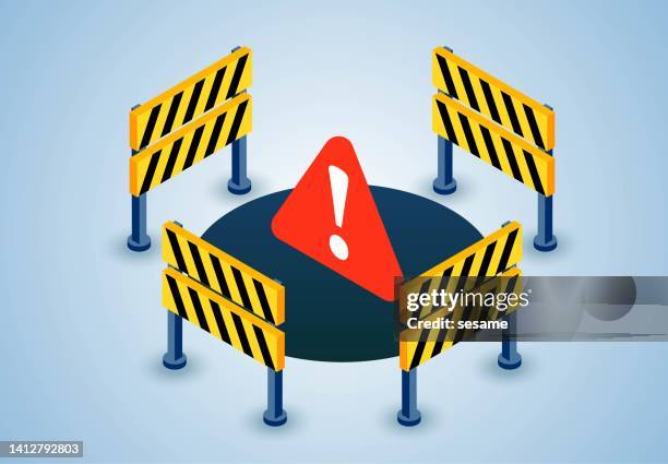 stockillustraties, clipart, cartoons en iconen met danger and risk area, economic crisis, danger ahead, concept illustration of business risk and crisis, danger warning sign and trap, failure, bankruptcy, recession, error concept illustration - hindernisbaan