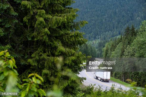 camion container lungo una strada panoramica attraverso le montagne rocciose canadesi - trasporto merci via terra foto e immagini stock