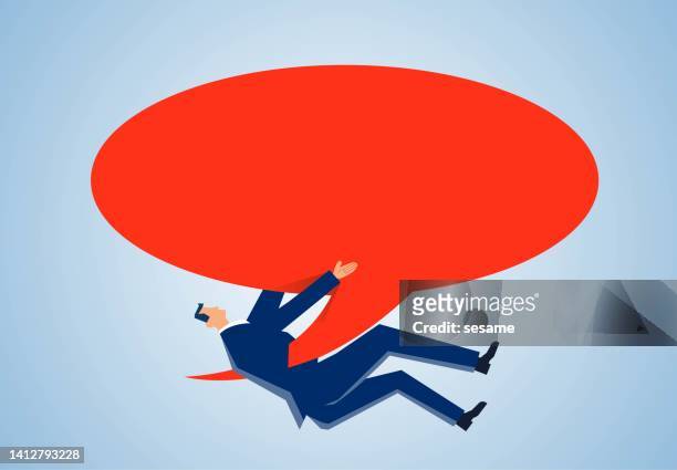 huge speech bubble pierced businessman's body, lies or fake news, danger of fake news, hurtful words - oblivious stock illustrations