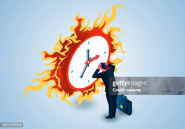 isometric desperate businessman standing in front of burning clock with head in hands, late for time out, missed opportunity, deadline, urgent time - head in hands vector stock illustrations