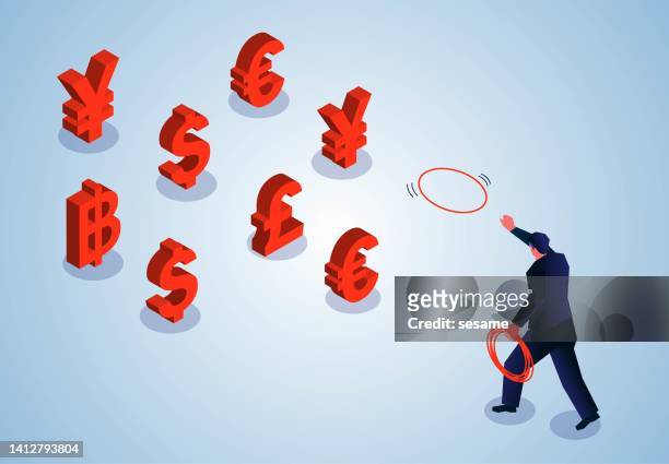 isometric businessman holding a circle for tossing the ring game, foreign exchange, foreign exchange trading, currency investment or country economy investment concept, high return investment, business investment skills - e sport stock illustrations