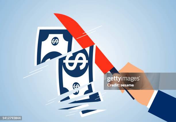 stockillustraties, clipart, cartoons en iconen met hand with knife chopped banknotes, tax cut, budget cut, income or debt reduction, business concept illustration - lowering