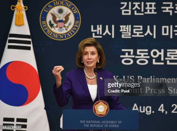 Speaker of the House Nancy Pelosi attends the Joint Press Announcement after meeting with South Korean National Assembly speaker Kim Jin-pyo at the...
