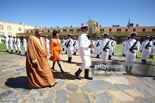 South African Defence Minister Lindiwe Sisulu and her counterpart in the Arab emirate of Oman, Sayyid Bader Bin Saud bin Harib Al-Busaidi inspect a...