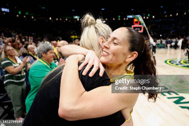 Australian professional basketball player Lauren Jackson hugs Sue Bird of the Seattle Storm after the game against the Minnesota Lynx on August 03,...