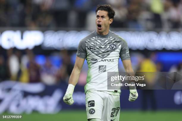 Goalkeeper Oscar Jimenez of Club America celebrates after winning on penalties during Leagues Cup Showcase match between Club America and Los Angeles...