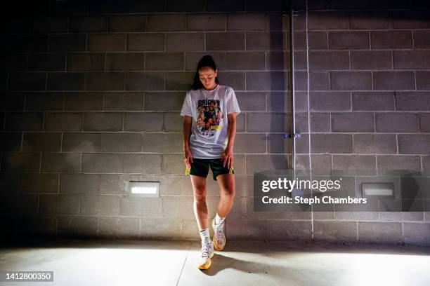 Sue Bird of the Seattle Storm looks on from the locker room tunnel before the game against the Minnesota Lynx at Climate Pledge Arena on August 03,...