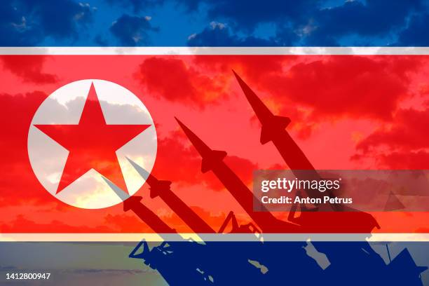 nuclear weapon on the background of the north korean flag - north korea missile launch stockfoto's en -beelden