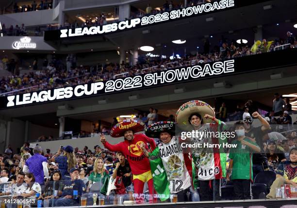 Fans pose for picture before the game between Club America and Los Angeles FC during the Leagues Cup Showcase 2022 at SoFi Stadium on August 03, 2022...