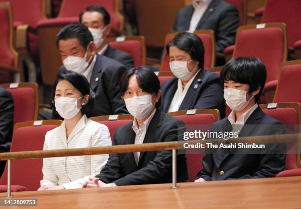 Crown Prince Fumihito, Crown Prince Akishino, Crown Princess Kiko of Akishino and Prince Hisahito attend the Inter-High School Cultural Festival at...